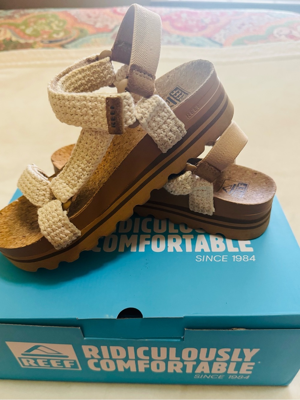 Reef Women's Crochet Platform Sandals in Cream and Brown